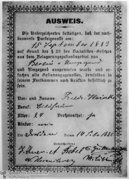 Ausweiskarte für einen Genossen (14. Februar 1885)