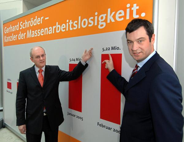 Die CDU macht Kanzler Schröder für Massenarbeitslosigkeit verantwortlich (1. März 2005)