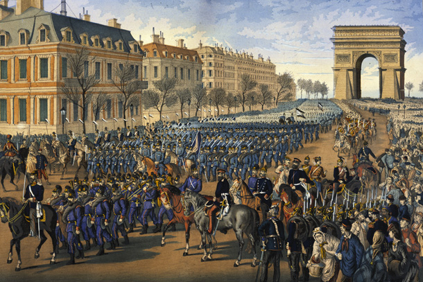 Truppen marschieren entlang der Champs Élysée in Paris (1. März 1871) 