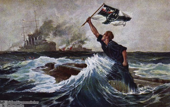 Postkarte nach dem Gemälde <I>Der letzte Mann</i> von Hans Bohrdt (1915)