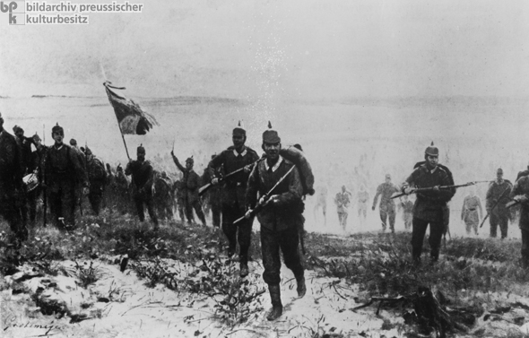 Junge deutsche Soldaten der Infanterie ziehen singend in die Schlacht bei Langemarck am 10. November 1914 (Gemälde, ohne Jahr)